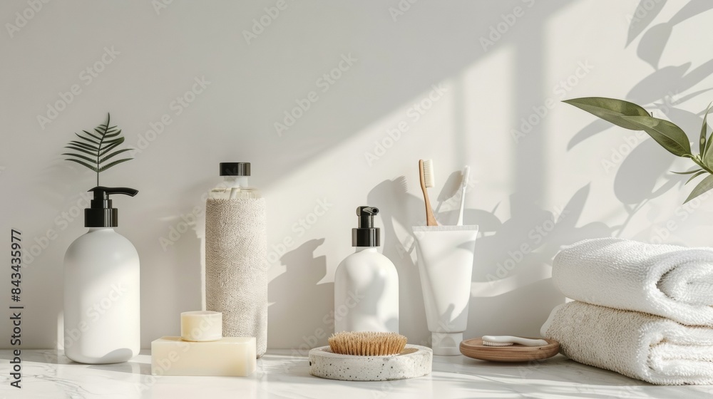 Elegant spa setup featuring neatly folded white towels, clear pump bottles, and delicate flowers, creating a serene and inviting atmosphere.