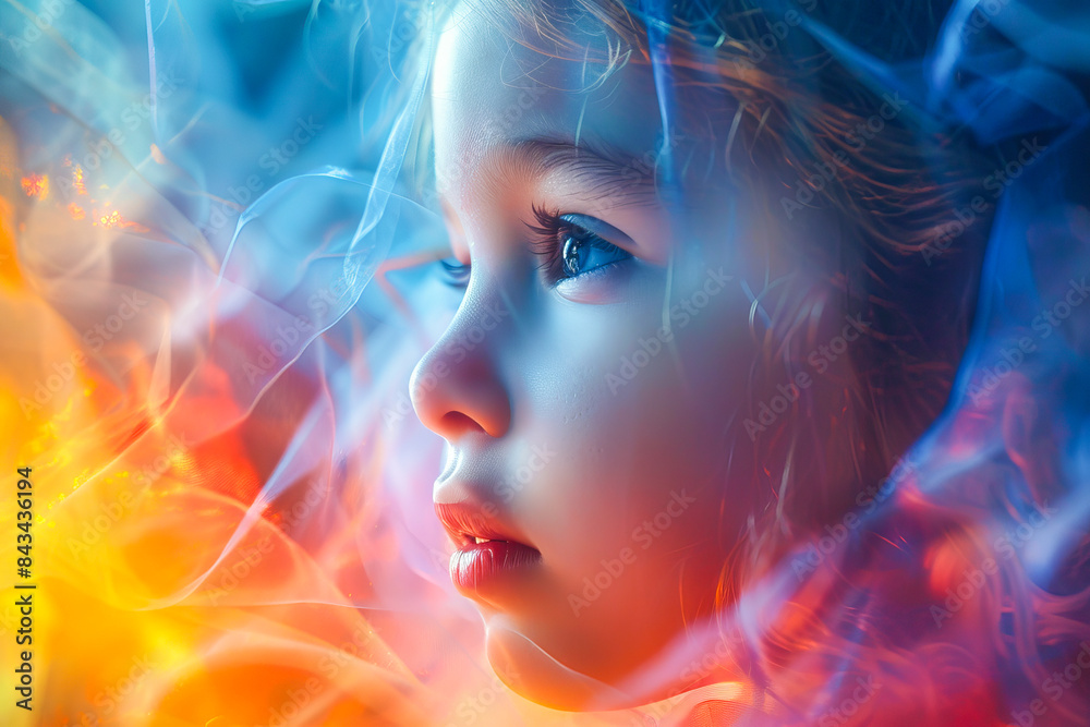 Child with blue eyes surrounded by colorful smoke on dark background Child with blue eyes surrounded by colorful smoke on dark background