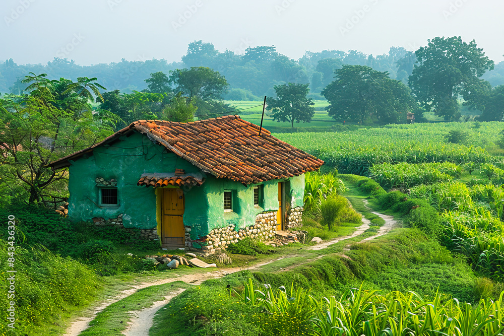 Small green hut standing on the edge of a lush green field in india Small green hut standing on the edge of a lush green field in india