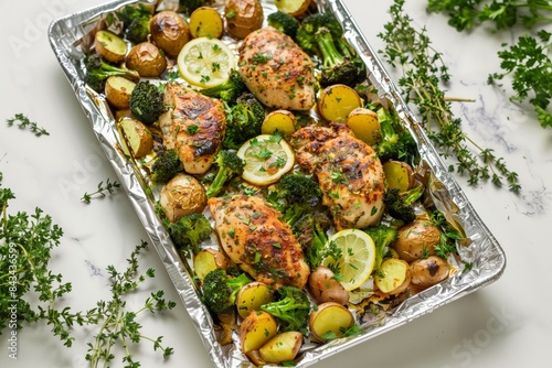 Roasted chicken breast with lemon, broccoli, and potatoes on foil-lined baking sheet