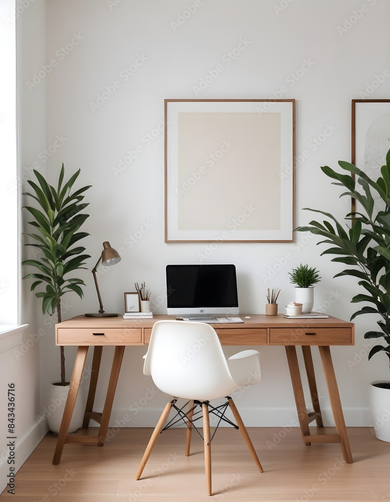 Fototapeta premium Frame mockup, ISO A paper size. Living room poster mockup. Modern interior design. Living room Interior mockup with house background. 3D render