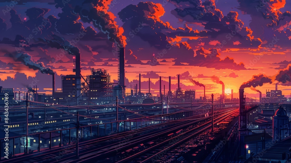 Fototapeta premium Industrial cityscape with vibrant colors and dynamic composition