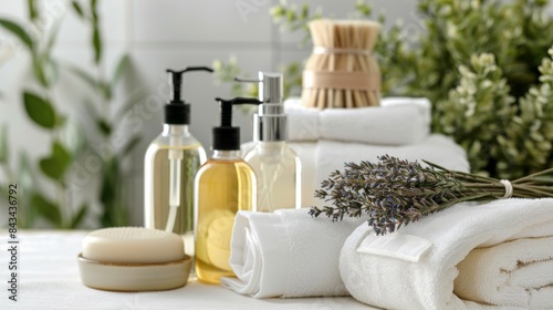 Elegant spa setup featuring neatly folded white towels  clear pump bottles  and delicate flowers  creating a serene and inviting atmosphere.