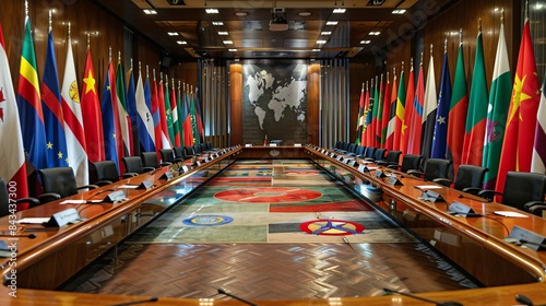 A conference room with diplomats and business leaders from different nations engaged in discussions, symbolizing international relations and global policy-making, with flags of various countries