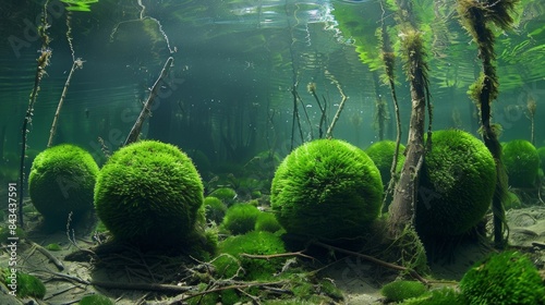 A collection of moss balls creates a unique and otherworldly landscape on the bottom of a secluded lake.