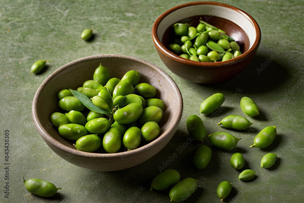Fresh edamame pods on a green background. Organic and eco friendly soybeans, Japanese vegetable. Vibrant green peas. Fresh edamame pods on a green background. Organic and eco friendly soybeans, Japanese vegetable. Vibrant green peas.