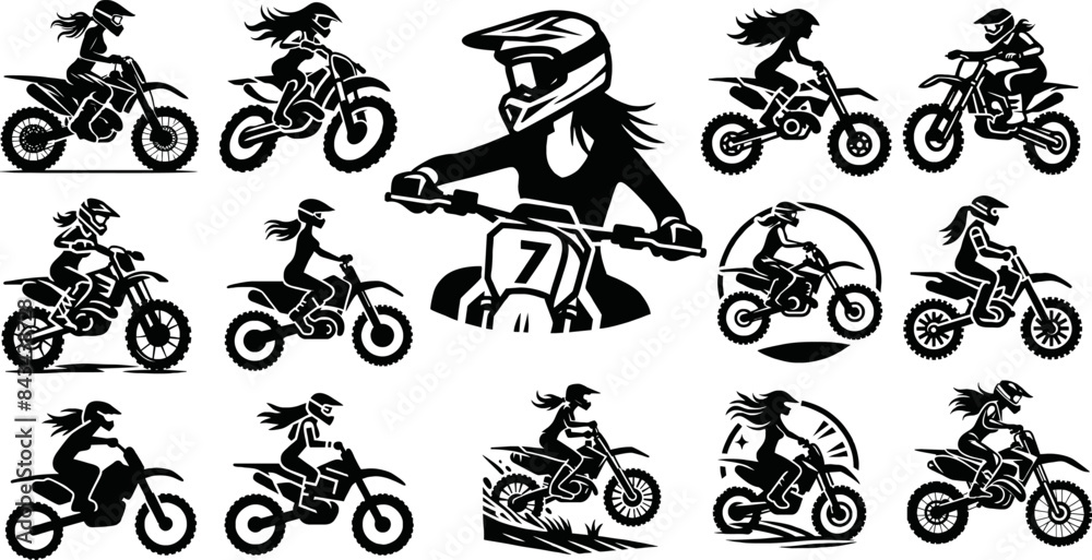 Girls riding motocross shilhoutte vector icon set Girls riding motocross shilhoutte vector icon set