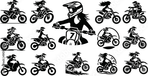 Girls riding motocross shilhoutte vector icon set
