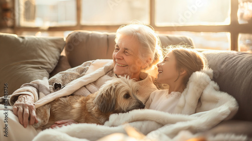 Warm Family Moment with Grandmother, Child, and Dog Basking in Golden Light © mikhailberkut