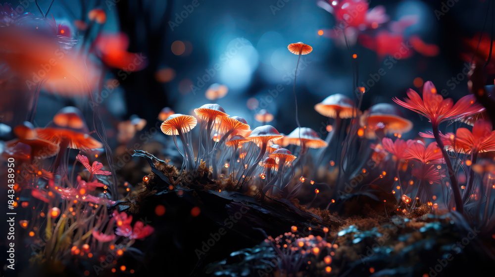 Fantasy Glowing Mushrooms in mystery. Beautiful macro shot of magic mushroom, fungus. This close-up shot captures the intricate details and beauty. Magic scene, light in night forest Fantasy Glowing Mushrooms in mystery. Beautiful macro shot of magic mushroom, fungus. This close-up shot captures the intricate details and beauty. Magic scene, light in night forest