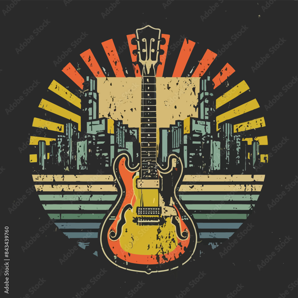 Obraz premium 2d vector illustration art Retro music guitar with trees with colorful background, Summer t shirt 
