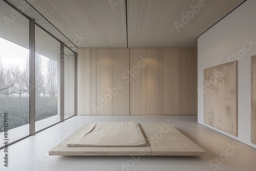 A modern minimalist bedroom features a large wooden platform bed, a large window overlooking a foggy landscape, and a textured wall panel