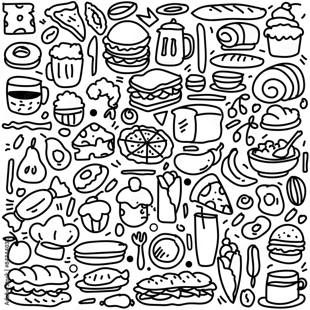 Set of hand drawn food isolated on white background, doodles set of fast food. Set of hand drawn food isolated on white background, doodles set of fast food.
