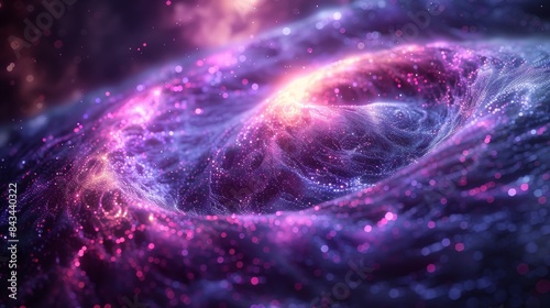 An animated 3D illustration of a magic swirl on a black background with a wind effect. A purple twirl with a glimmer of blue encircles an illusionist's wand.