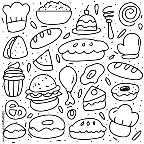 Set of hand drawn food isolated on white background, doodles set of fast food. photo