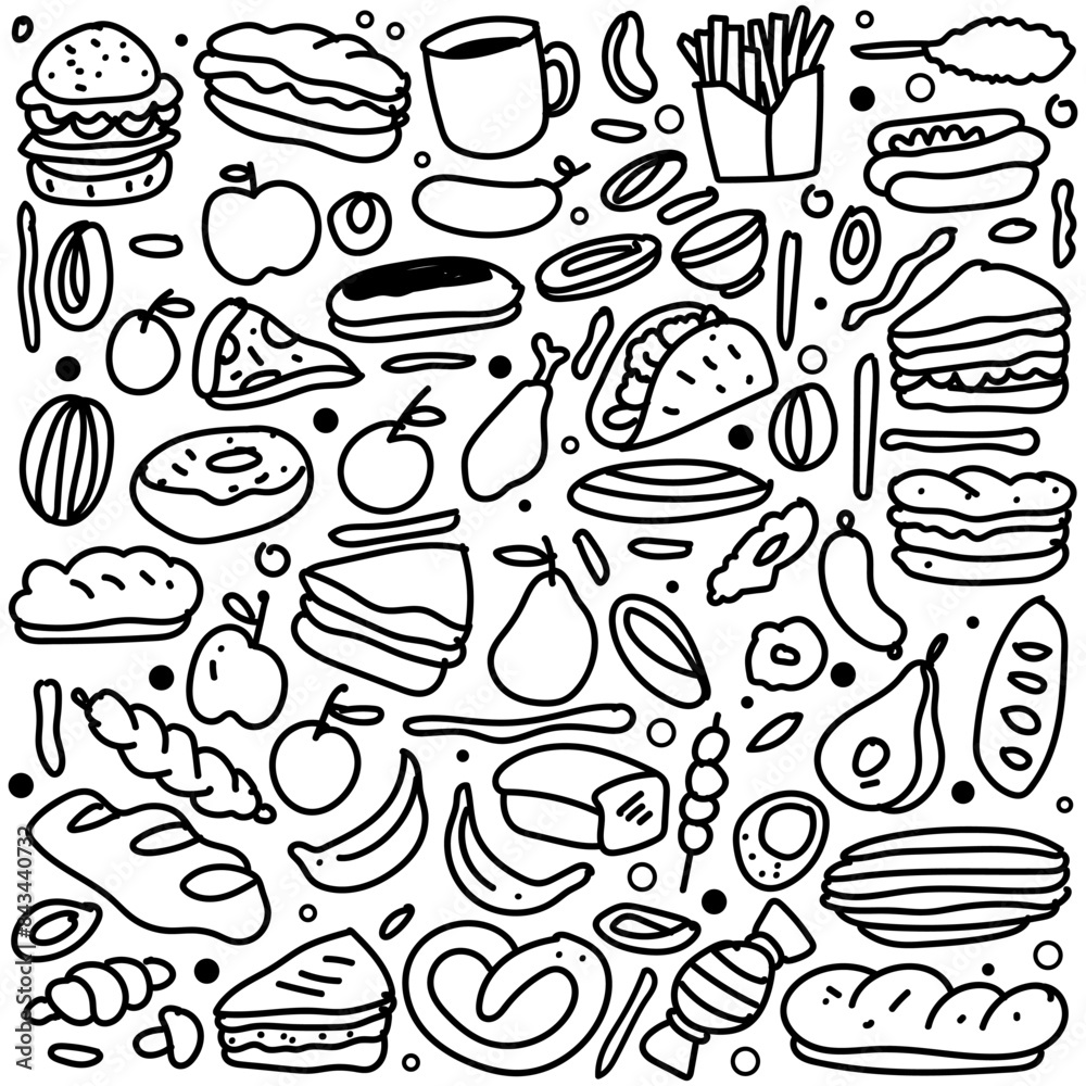 Set of hand drawn food isolated on white background, doodles set of fast food. Set of hand drawn food isolated on white background, doodles set of fast food.