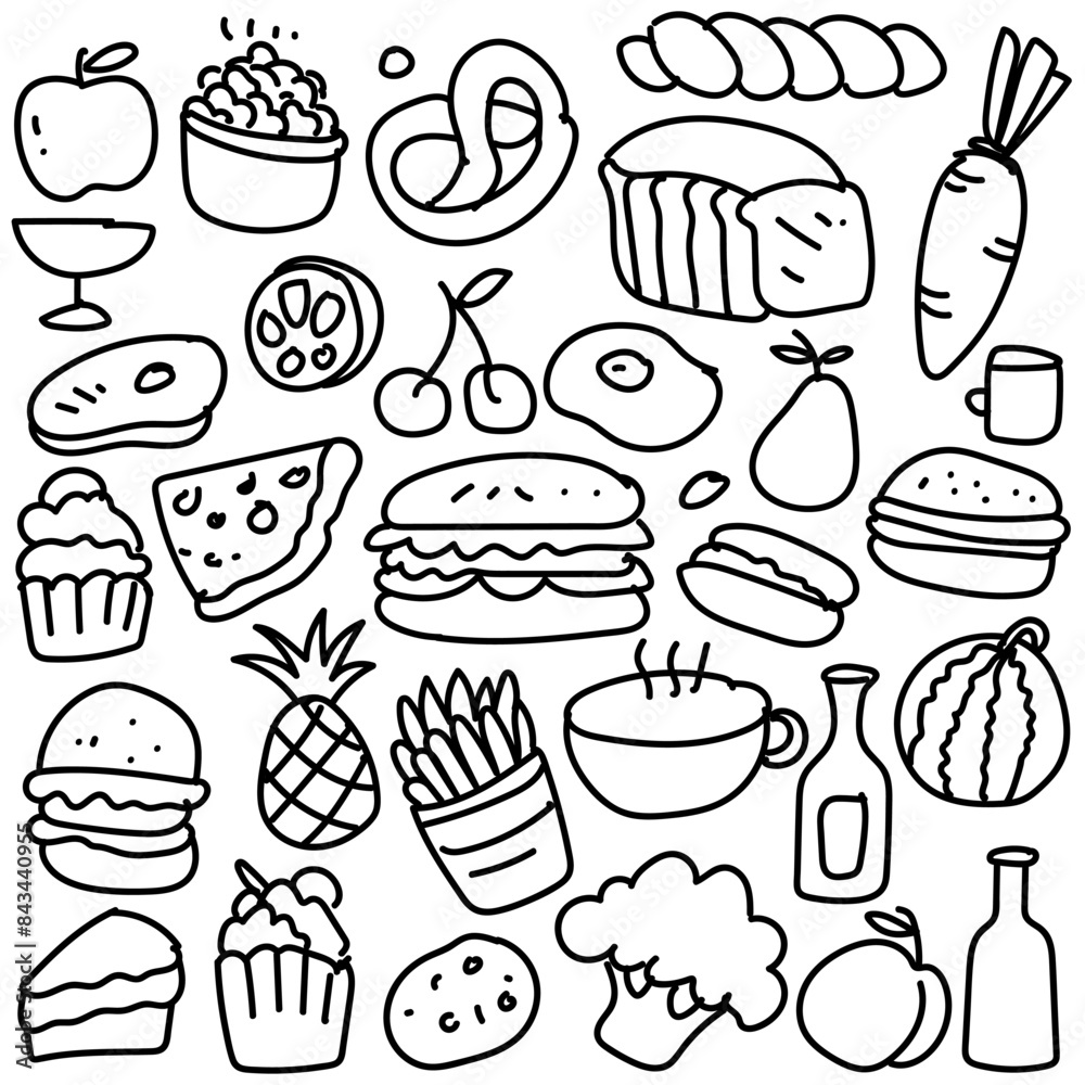 Set of hand drawn food isolated on white background, doodles set of fast food Set of hand drawn food isolated on white background, doodles set of fast food