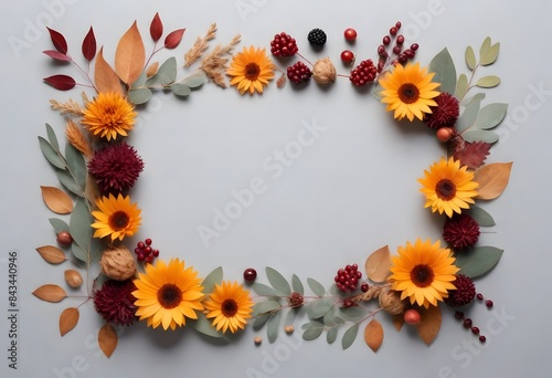 Wallpaper Mural Autumn composition. Frame made of dried flowers, eucalyptus leaves, and berries on a gray background. Autumn, fall, thanksgiving day concept. Flat lay, top view, copy space Torontodigital.ca