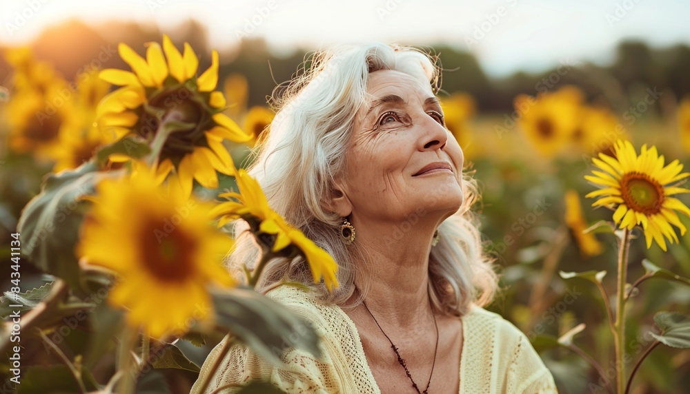 Blooming with Freedom: A Beautiful Mature Woman Embracing the Sun in a Field of Sunflowers Blooming with Freedom: A Beautiful Mature Woman Embracing the Sun in a Field of Sunflowers