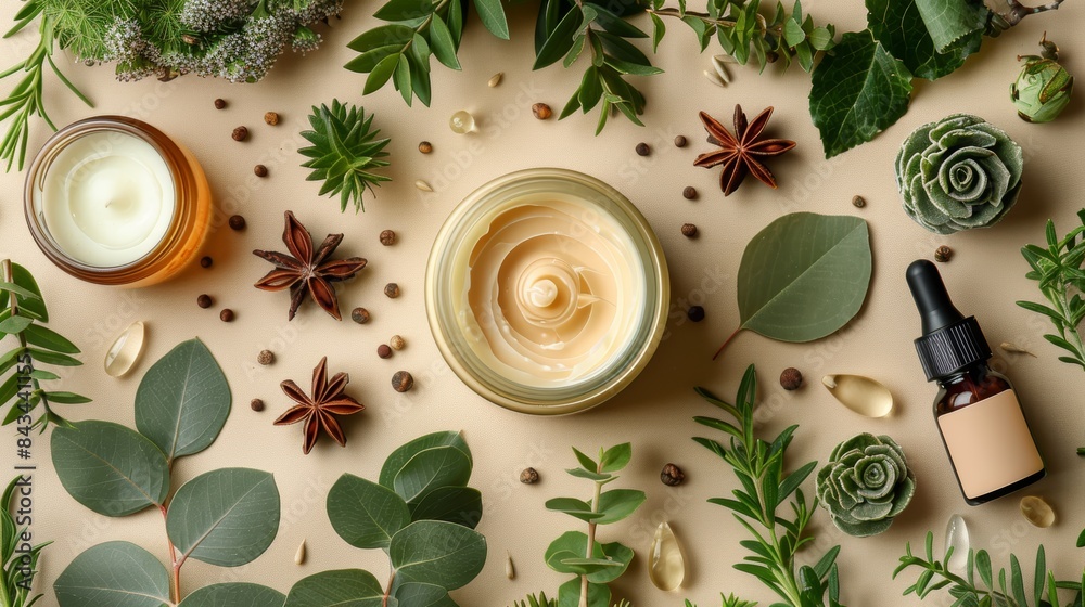 top view of serum oil and open jar with white cream, surrounded by eucalyptus leaves