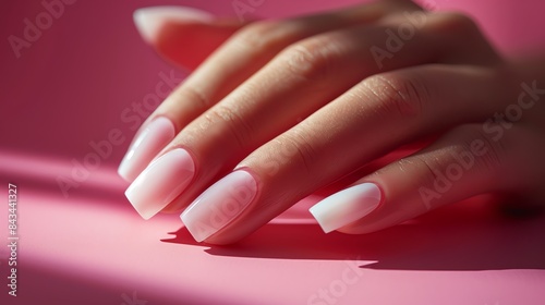 Close up of a hand with long, stiletto nails painted with a gradient of white and pink.