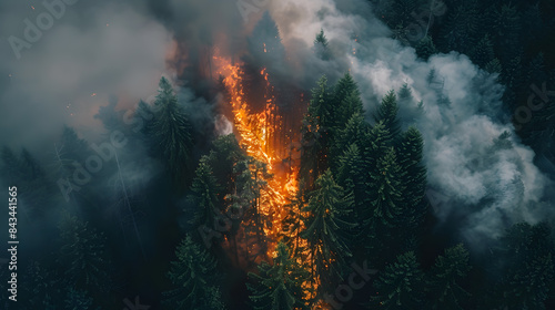 Aerial view of a pine forest fire with flame and smoke