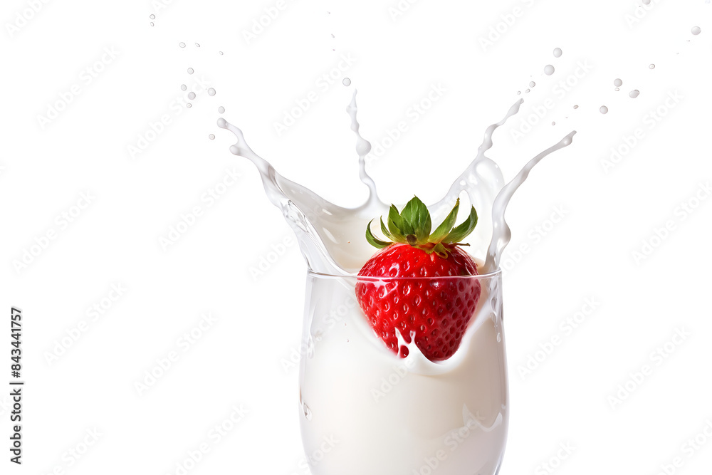 A detailed close-up of a fresh strawberry being dropped into a glass of milk, creating a dynamic splash