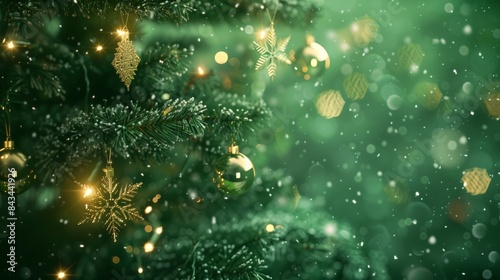 : A lush green Christmas tree adorned with shimmering glass balls and intricate hanging snowflakes, set against an abstract emerald background, glowing with festive lights, © Imran