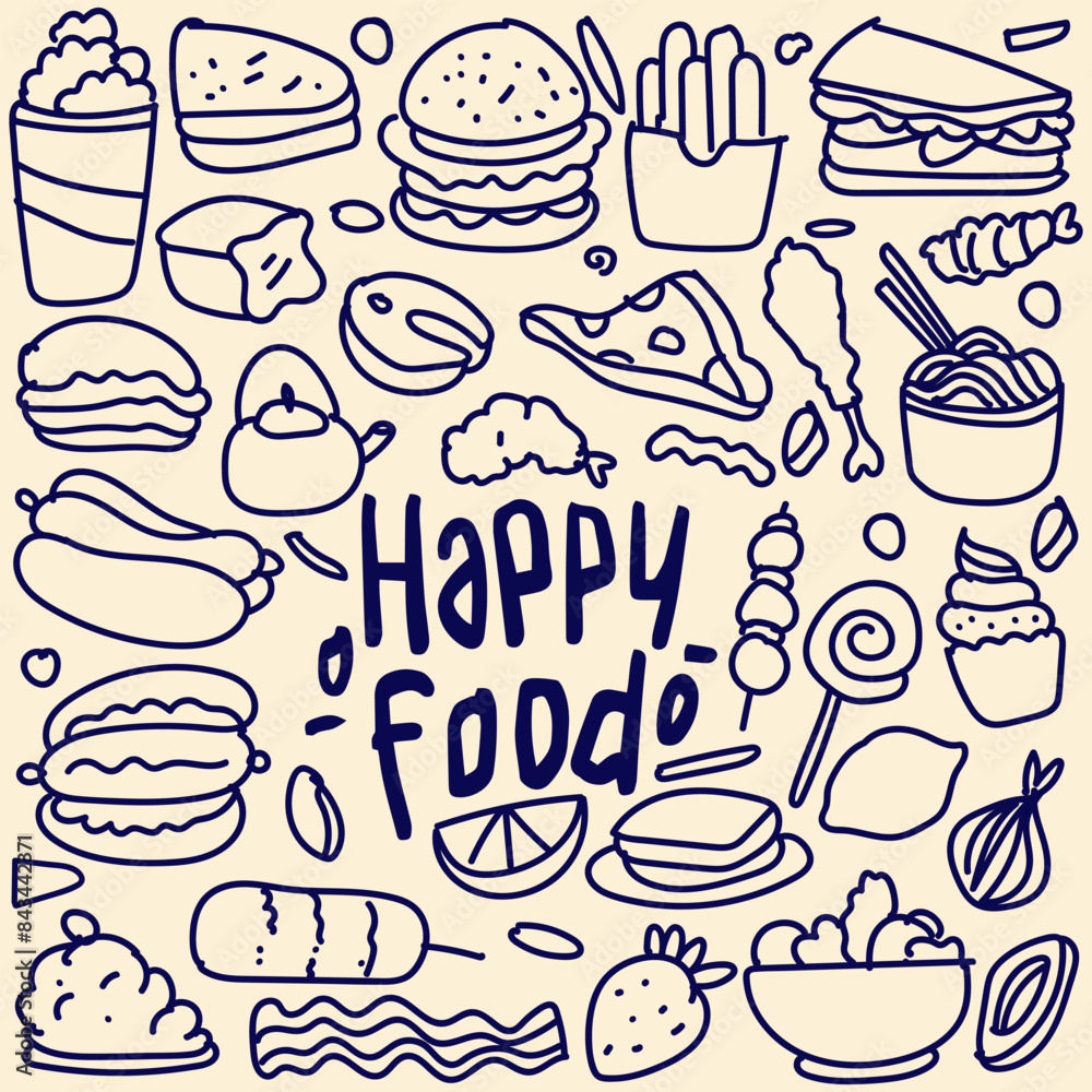 Set of hand drawn food isolated on white background, doodle set of fast food. Vector illustration.
