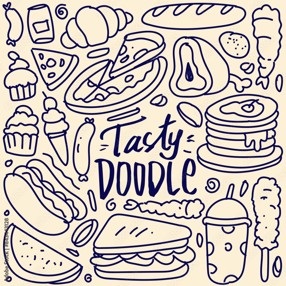 Various food doodle, Seamless background, Vector fast food pattern. Various food doodle, Seamless background, Vector fast food pattern.