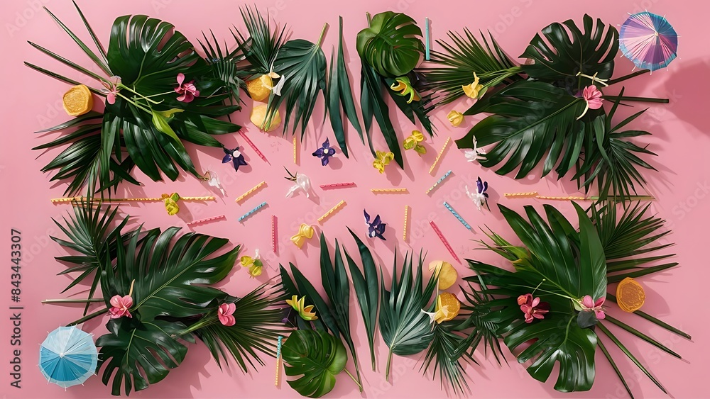 Flatlay with tropical plants and flowers on pink background with colorful drink straws and umbrellas Flatlay with tropical plants and flowers on pink background with colorful drink straws and umbrellas