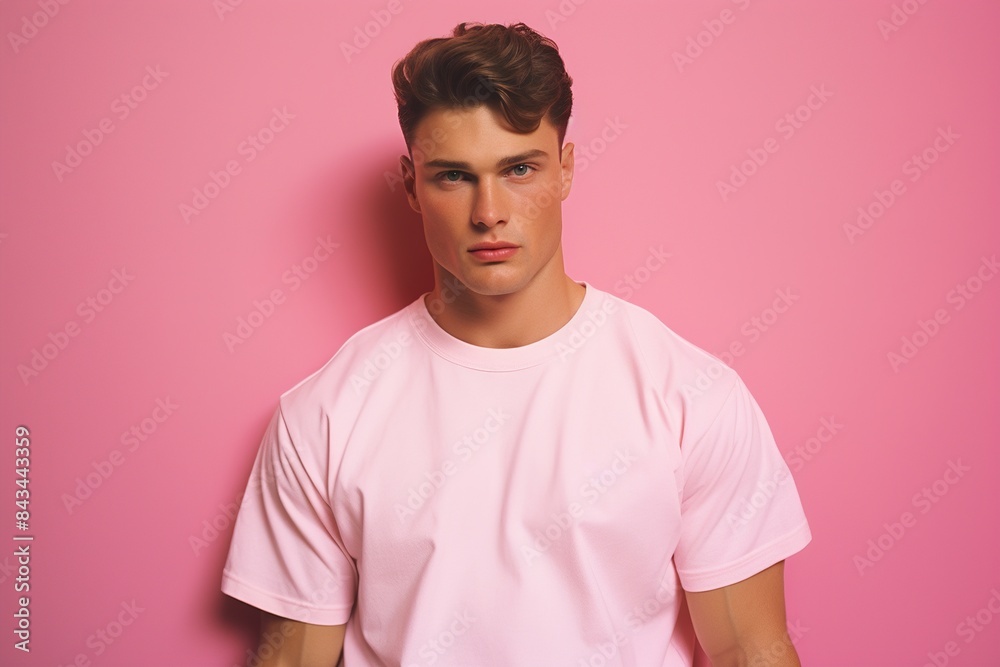 A man in a pink shirt is standing in front of a pink wall A man in a pink shirt is standing in front of a pink wall