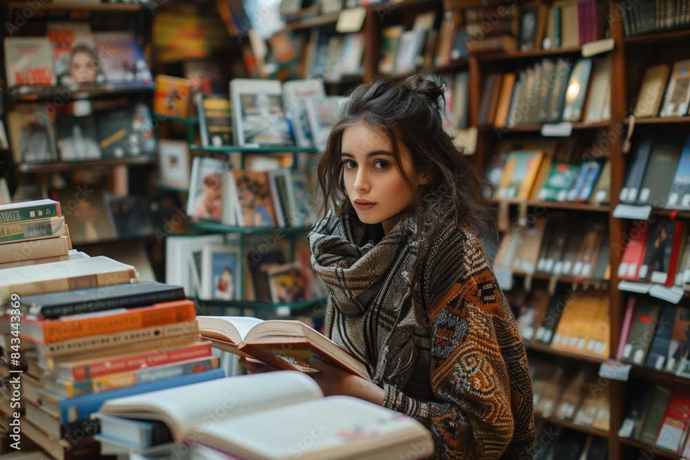Young Woman Reading in Cozy Bookstore. Captivating Scene of a Woman Engrossed in a Book Among Shelves. Young Woman Reading in Cozy Bookstore. Captivating Scene of a Woman Engrossed in a Book Among Shelves.