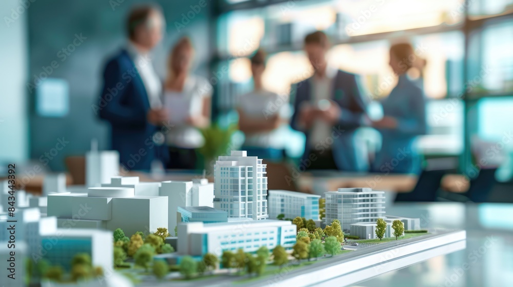 real estate developers, architects and businessmen team working on new business buildings project in office. complex scale model on the table real estate developers, architects and businessmen team working on new business buildings project in office. complex scale model on the table