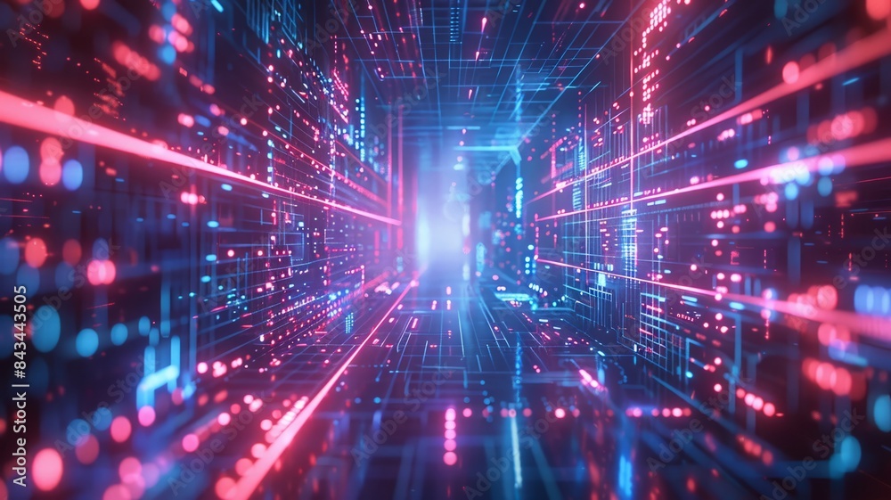 Obraz premium High-tech encryption keys hover in a dense, neon-lit data scape