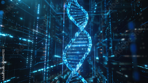 DNA Sequence in Digital Matrix with Binary Code, Neon Blue Light, and Dark Grid-Like Background with Geometric Patterns and Data Streams, Representing Bio-Tech Intersection