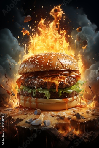 Dynamic cheeseburger ablaze. photo