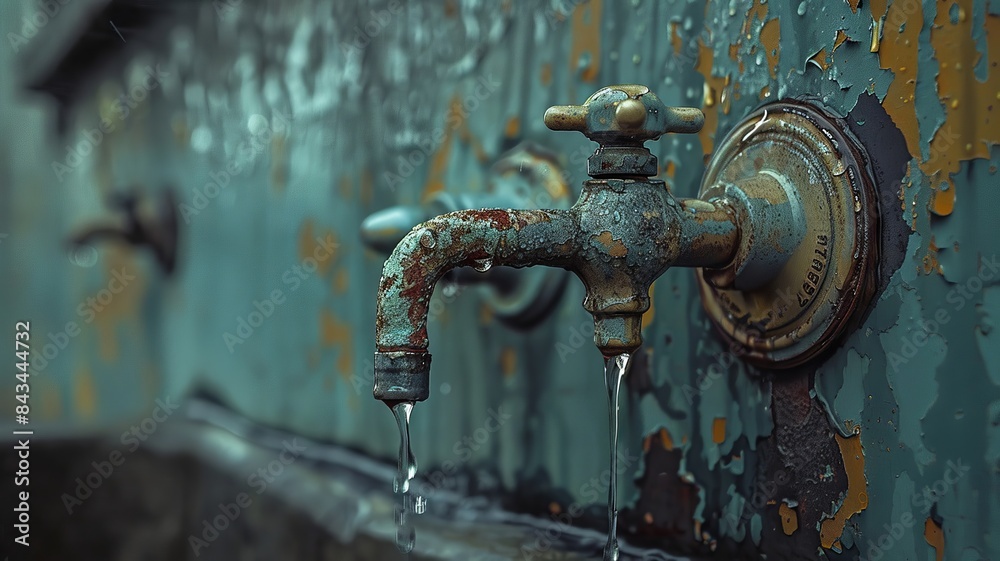 Dripping tap in a rustic setting with overcast sky and muted colors Dripping tap in a rustic setting with overcast sky and muted colors