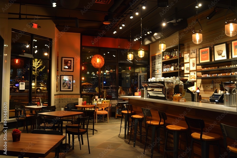 A modern coffee shop with a bar, tables, and chairs. The shop is decorated with exposed brick walls, warm lighting, and artwork. Generative AI
