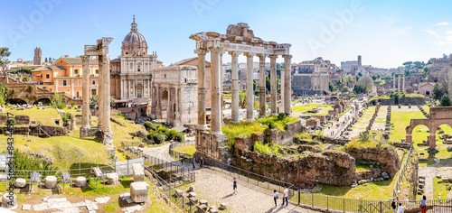 Photography Rome, Italy - April 09, 2024: View of the roman forum in Rome with tourists crow