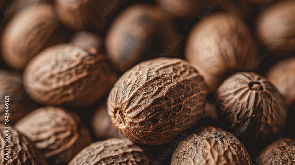 Macro shot of whole nutmeg seeds, emphasizing their rough exterior and warm, golden . Generative Ai Macro shot of whole nutmeg seeds, emphasizing their rough exterior and warm, golden . Generative Ai