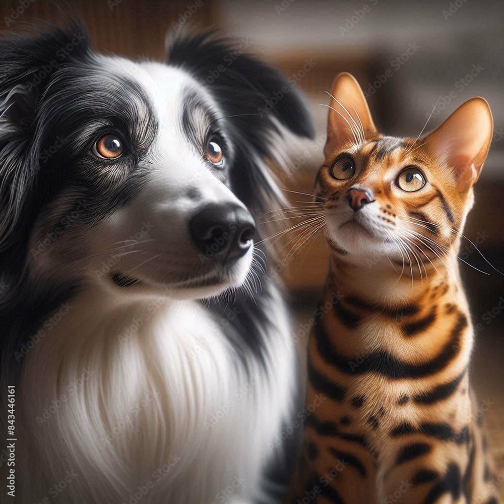 A cat and a dog are laying on the floor, with the cat looking at the dog A cat and a dog are laying on the floor, with the cat looking at the dog