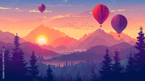 Beautiful inspirational sunrise landscape with hot air baloons 