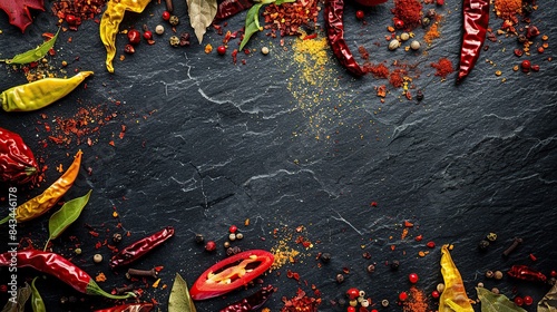 Pattern of spices on a black stone table. A set of spices from India. Decoration. Generative Ai