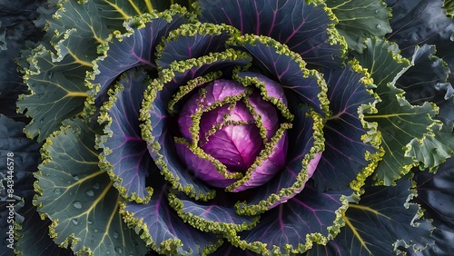 Decorative cabbage kale purple and green close up deatails from top view photo