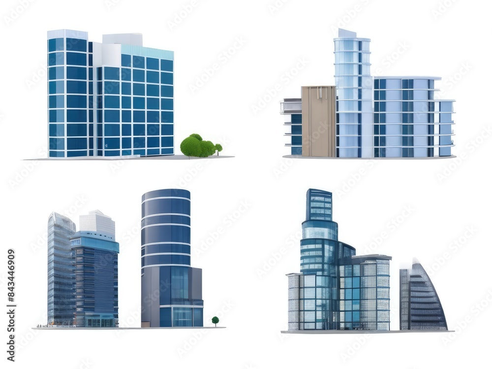 Different styles of modern buildings isolated on white background, high rise buildings. Different styles of modern buildings isolated on white background, high rise buildings.