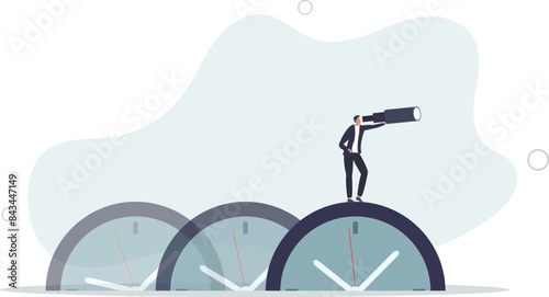 businessman riding time passing clock. vision or effort to manage project and foresee problem or opportunity,flat vector illustration.