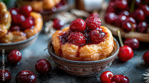 Cherry Pastry with Fresh Berries. Delicious Dessert with Cherries and Pastry. Cherry Popover Day. photo