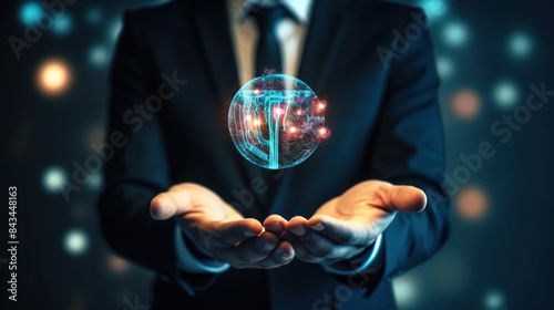 businessman holding an augmented reality screen in his hands,