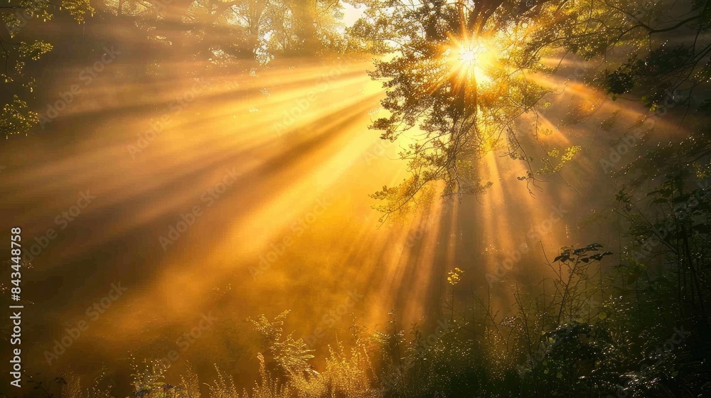 Spectacular sun rays shining through woods and tree in the dense forest. Green and lust forest on a beautiful summer day Spectacular sun rays shining through woods and tree in the dense forest. Green and lust forest on a beautiful summer day